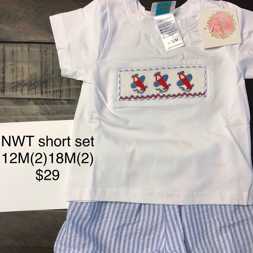 Airplane smocked boys short set